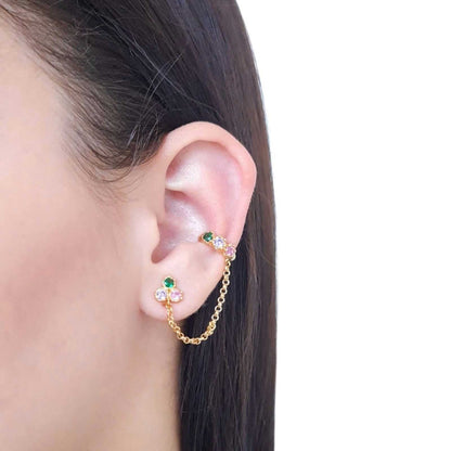 Brinco e ear cuff de cristal colorido