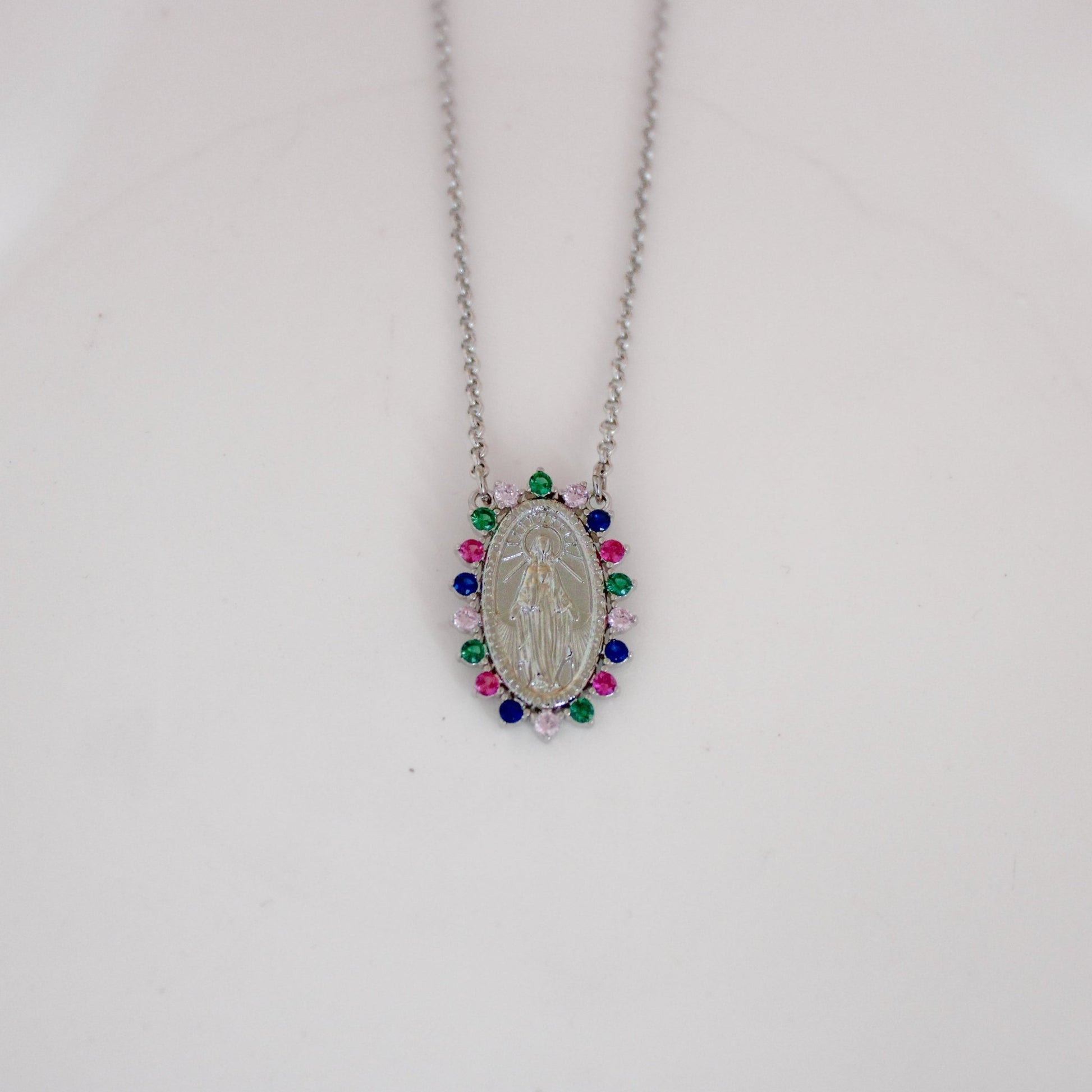 Floral halo Mary oval medal pendant necklace - Lua and Mar