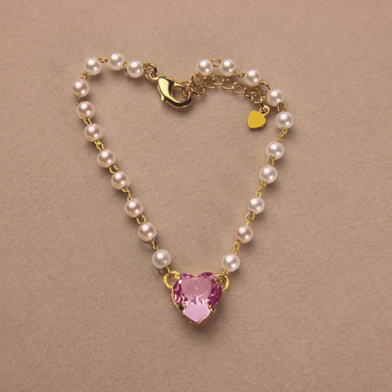 Pearl Beaded Bracelet w/ Pink Crystal Charm - Lua and Mar