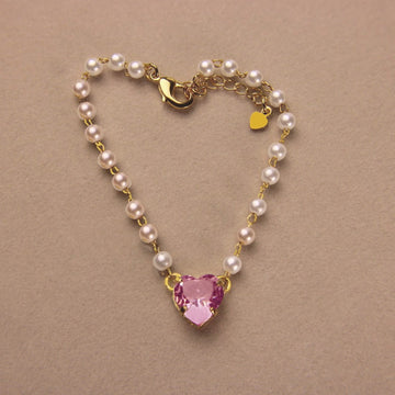 Pearl Beaded Bracelet w/ Pink Crystal Charm - Lua and Mar